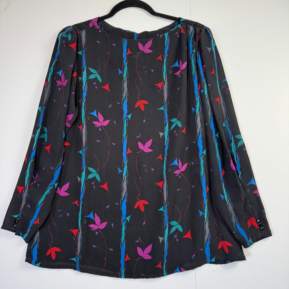 Vintage Tan Jay Women Black Multi Color Leaf Print Blouse Button Shoulder H1413